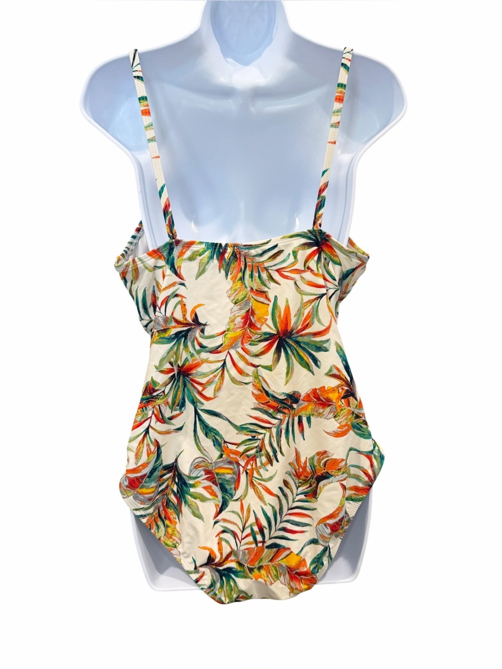 Ellen Tracy One Piece Swimsuit Ruched V Neck Tropical Palm Print Ivory Multi 14 - Picture 6 of 11